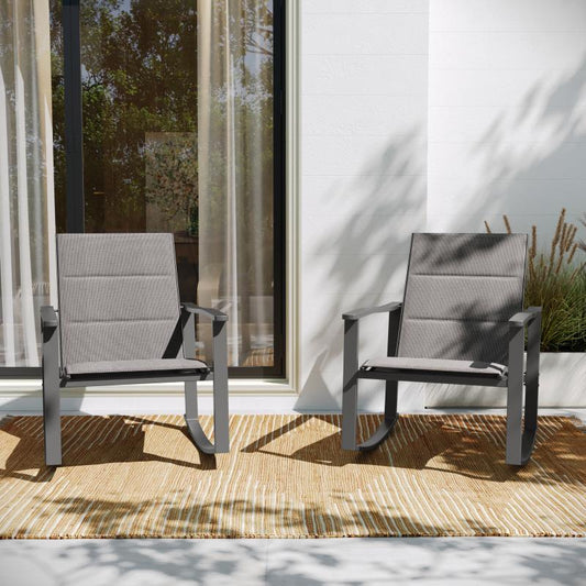 Brazos Set of 2 Outdoor Rocking Chairs with Flex Comfort Material and Black Steel Frames
