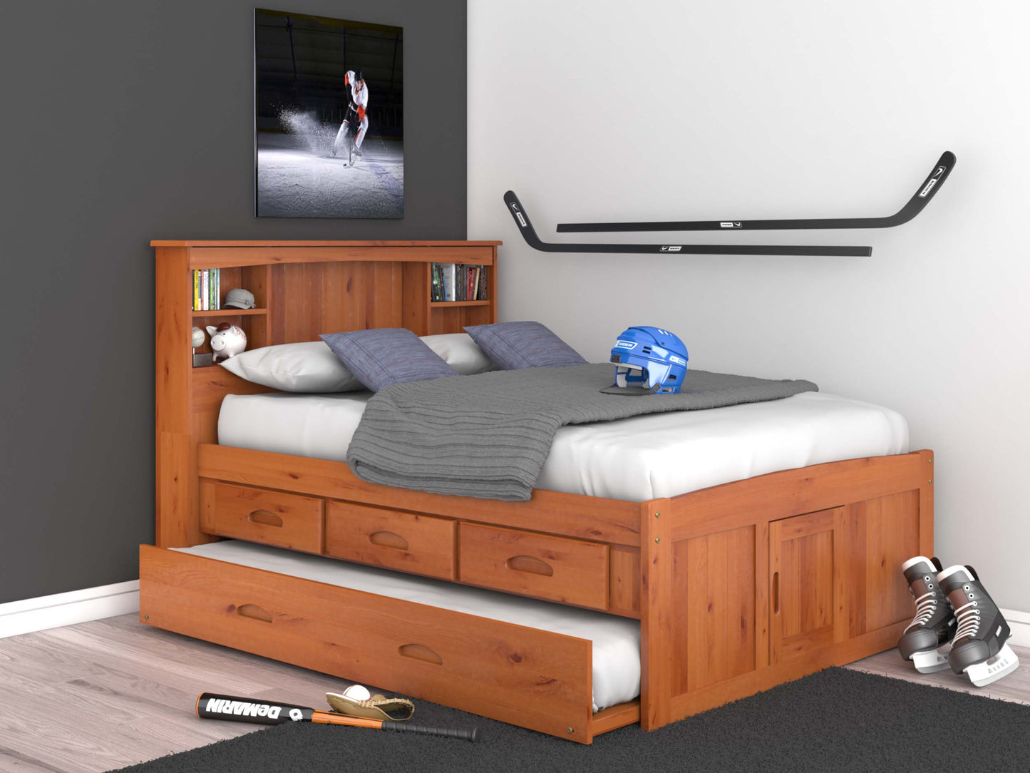 Bookcase Captains Bed in Honey