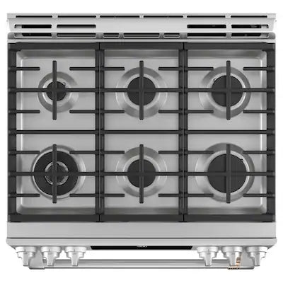 Cafe 30-in Deep recessed 6 burners Air Fry Convection Oven Slide-In Dual Fuel Range ( Stainless Steel with Brushed Stainless Handles )