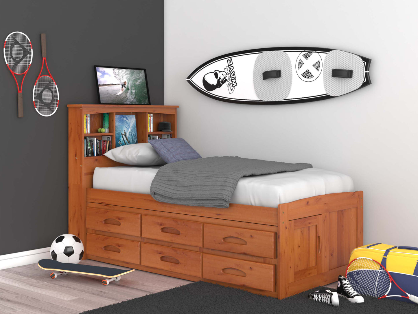 Bookcase Captains Bed in Honey