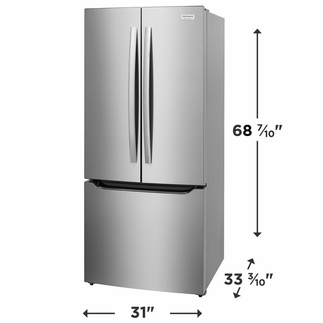 Refrigerador de acero inoxidable con puerta francesa de 30 pulgadas y 20 pies cúbicos de profundidad estándar y dispensador de agua interno.