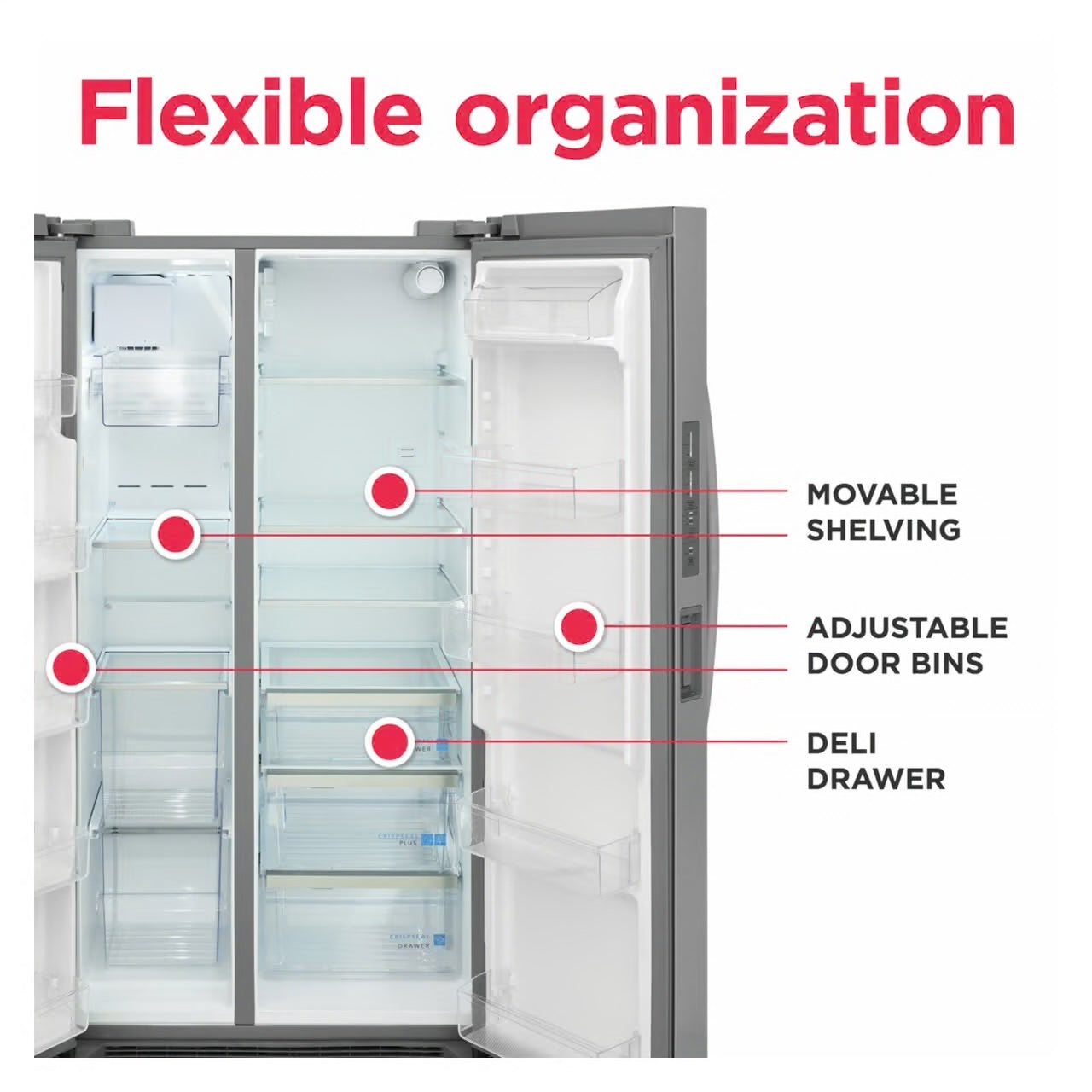 Refrigerador de dos puertas verticales de 36 pulgadas y 26 pies cúbicos de profundidad estándar en acero inoxidable con dispensador de agua interno.