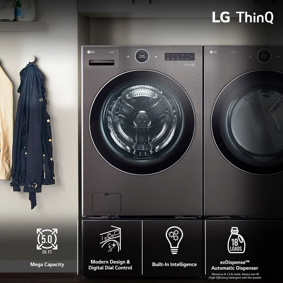 5.0 cu. ft. Stackable Smart Front Load Washer in Black Steel with ezDispense, AI Digital Dial, Steam and TurboWash360