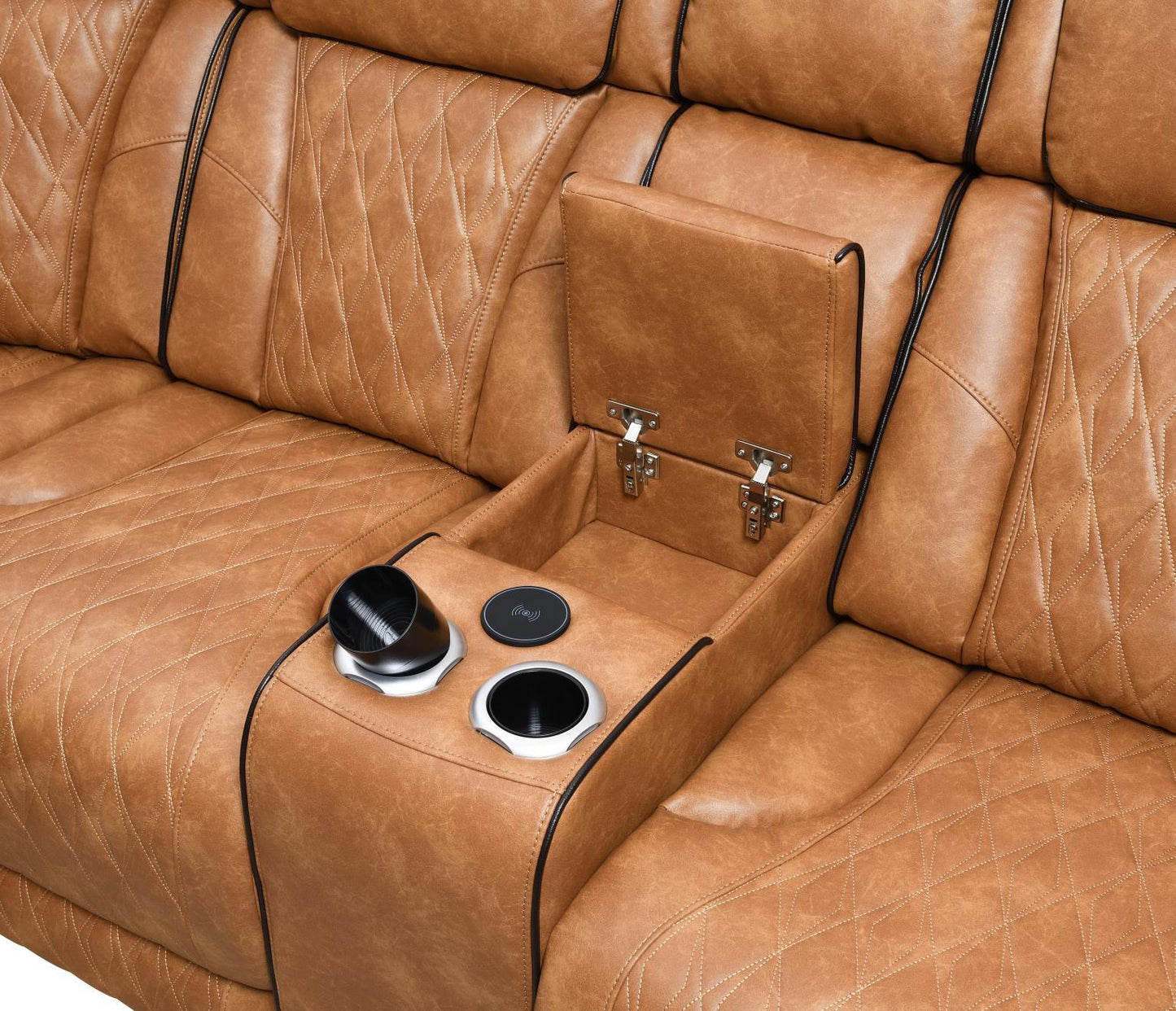U12 - 3 Piece Power LED Sectional, Power Headrest, Heat, Massage Wireless Charger, And USB - Brown