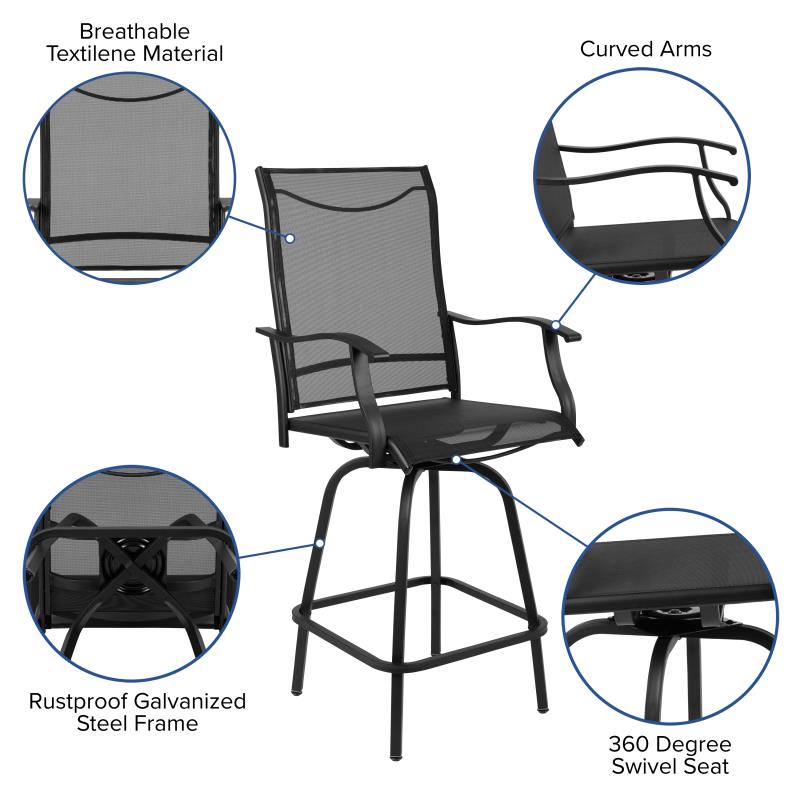 Valerie Patio Bar Height Stools Set of 2, All-Weather Textilene Swivel Patio Stools with High Back & Armrests