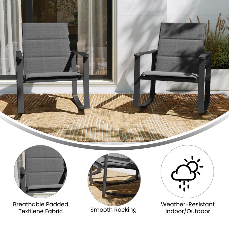 Brazos Set of 2 Outdoor Rocking Chairs with Flex Comfort Material and Black Steel Frames