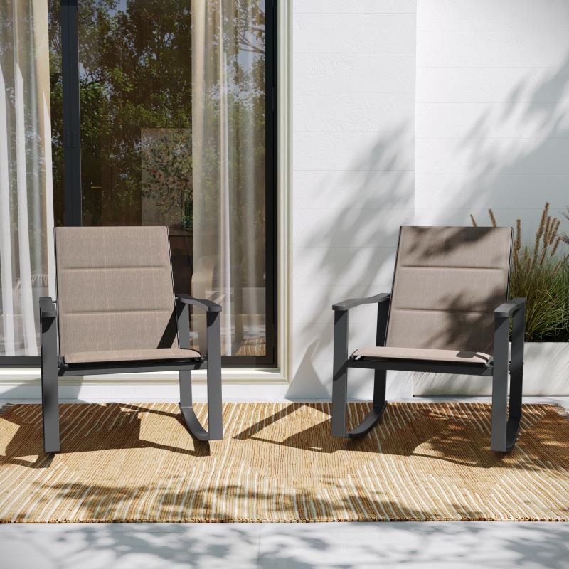 Brazos Set of 2 Outdoor Rocking Chairs with Flex Comfort Material and Black Steel Frames