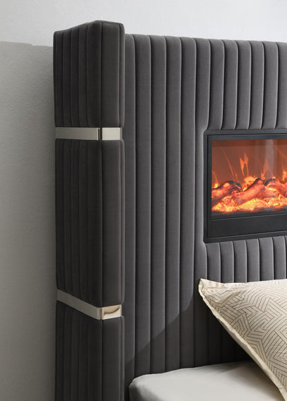B544 - Velvet Bed With Fireplace & Bluetooth Speaker & USB