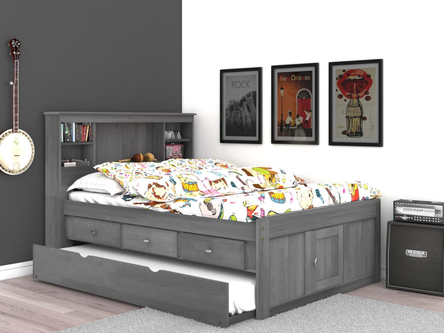 Bookcase Captains Bed in Charcoal