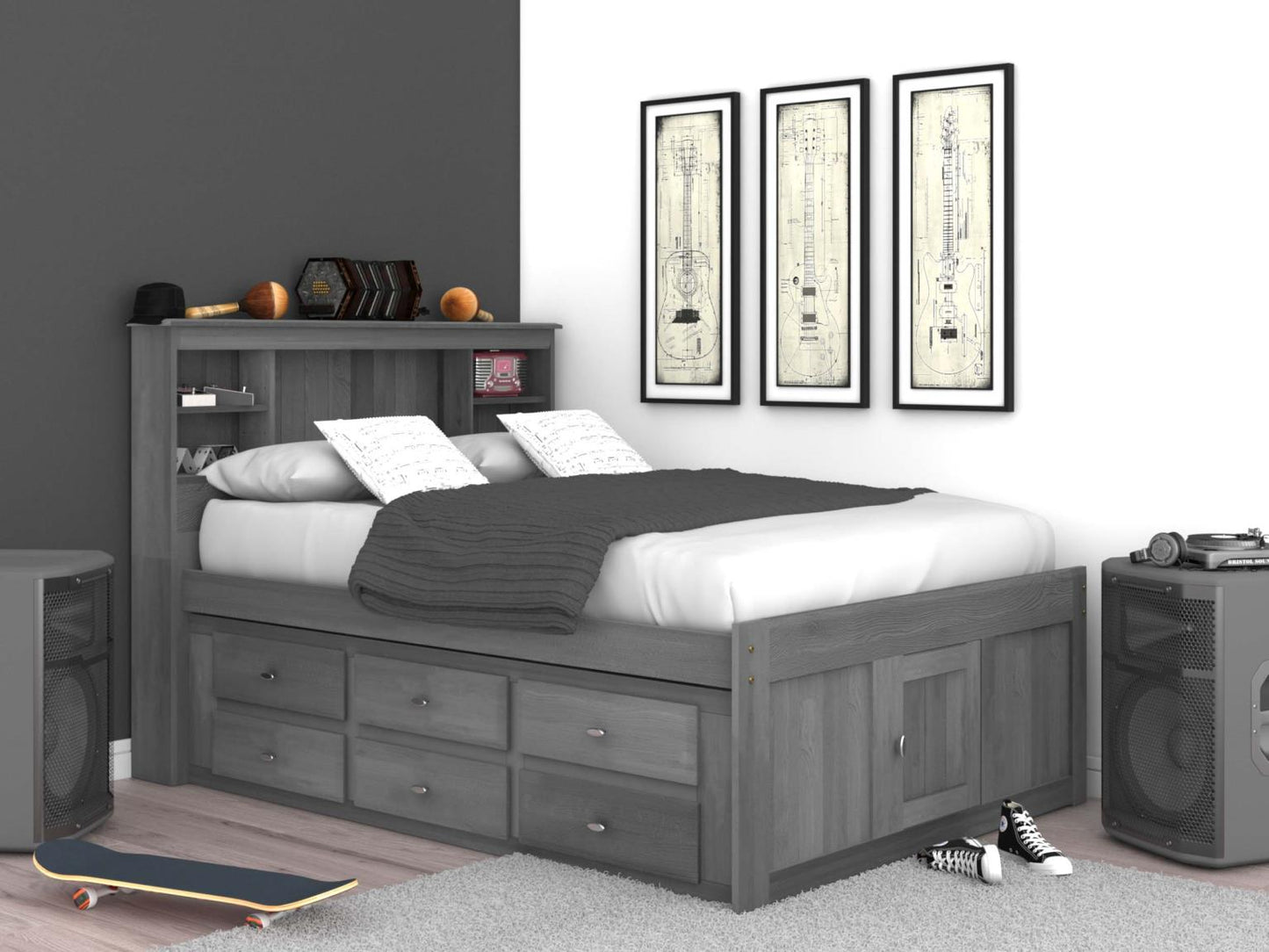 Bookcase Captains Bed in Charcoal