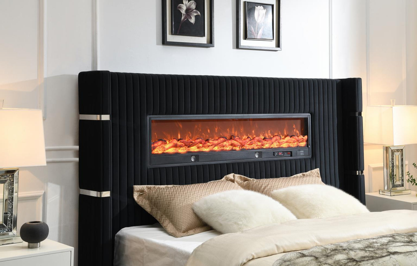B543 - Velvet Bed With Fireplace & Bluetooth Speaker & USB
