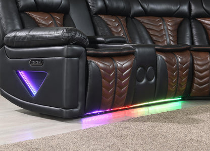 U56 - 3 Piece Power Sectional With Bluetooth Speaker, And Wireless Charger, Multi Color LED - Black / Brown