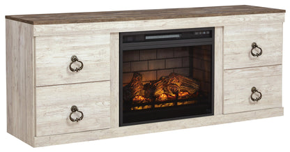 Willowton - 2 Pc. - TV Stand With Faux Firebrick Fireplace Insert - Whitewash
