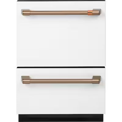 Lavavajillas Cafe de 24 pulgadas con control superior y 2 cajones (blanco mate con manijas de bronce cepillado), nivel de sonido muy silencioso de 46 decibeles