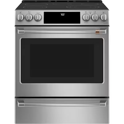 Cafe 30-in Glass Top 5 burners 5.7-cu ft Air Fry Convection Oven Slide-In Electric Range ( Stainless Steel with Brushed Stainless Handles )