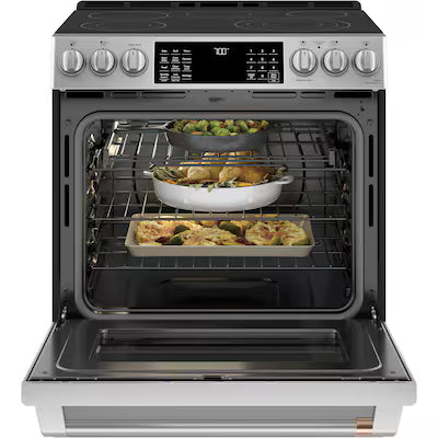 Cafe 30-in Glass Top 5 burners 5.7-cu ft Air Fry Convection Oven Slide-In Electric Range ( Stainless Steel with Brushed Stainless Handles )