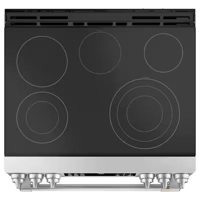 Cafe 30-in Glass Top 5 burners 5.7-cu ft Air Fry Convection Oven Slide-In Electric Range ( Stainless Steel with Brushed Stainless Handles )