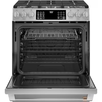 Cafe 30-in Deep recessed 6 burners Air Fry Convection Oven Slide-In Dual Fuel Range ( Stainless Steel with Brushed Stainless Handles )