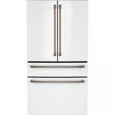 Cafe Counter-Depth 23.2-cu ft 4 -Door Smart Compatible French Door Refrigerator with Ice Maker with Water Dispenser ( Matte White with Brushed Bronze Handles ) ENERGY STAR Certified