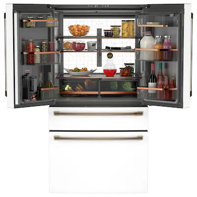 Cafe Counter-Depth 23.2-cu ft 4 -Door Smart Compatible French Door Refrigerator with Ice Maker with Water Dispenser ( Matte White with Brushed Bronze Handles ) ENERGY STAR Certified