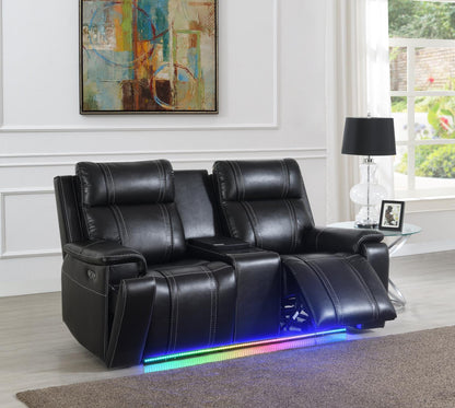 U68 - LED Power Reclining Loveseat With Console & Fridge,Wireless Charger, With Vibrator Arms - Black