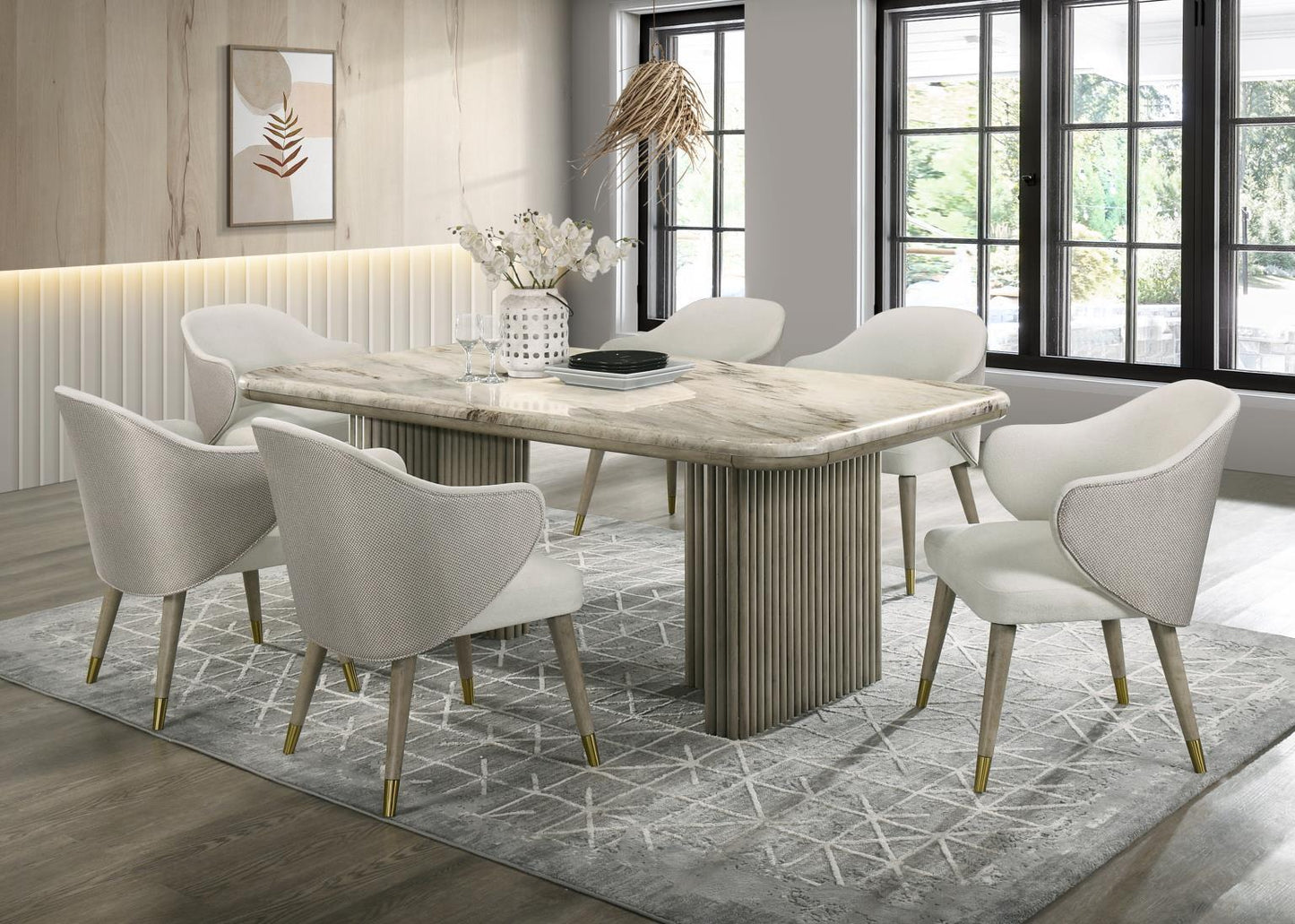 D070 - Oak Rectangular Dining Table With Marble Top - Golden Sand