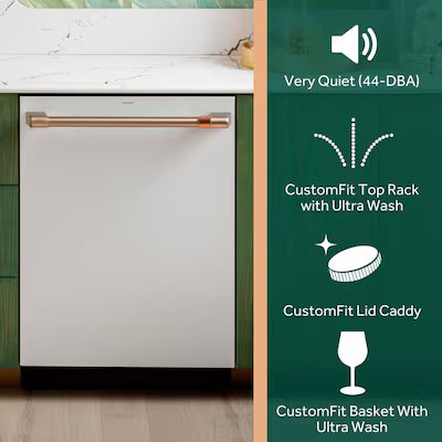 Cafe 24-in Top Control Built-in Dishwasher With Third Rack ( Matte White with Brushed Bronze Handles ) ENERGY STAR, 44-Decibel Very Quiet Sound Level