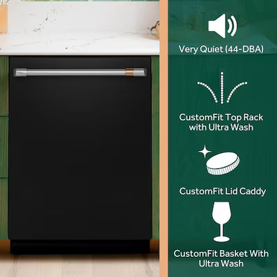 Cafe 24-in Top Control Built-in Dishwasher With Third Rack ( Matte Black with Brushed Stainless Handles ) ENERGY STAR, 44-Decibel Very Quiet Sound Level