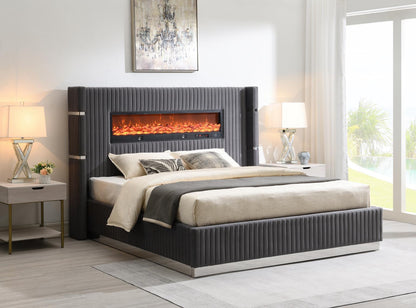 B544 - Velvet Bed With Fireplace & Bluetooth Speaker & USB