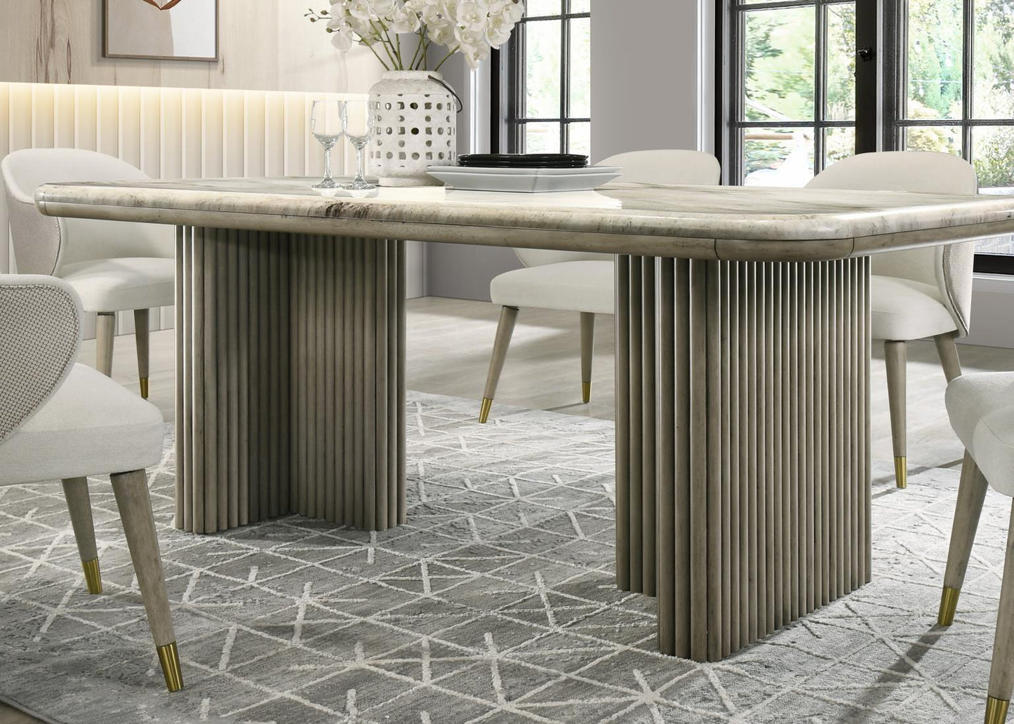 D070 - Oak Rectangular Dining Table With Marble Top - Golden Sand