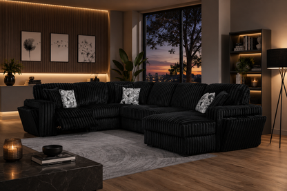 U259 - Corduroy Power Reclining 4 Piece Sectional With 2 Wireless Charger - Black