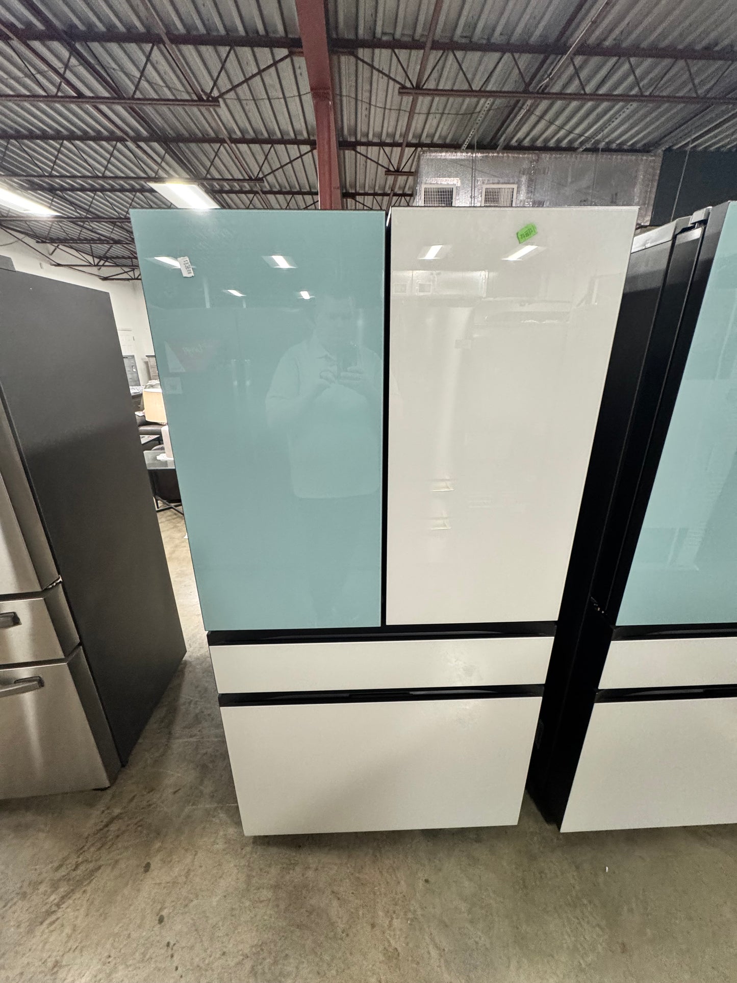 Bespoke 29 cu ft. Standard Depth 4-Door French Door Smart Refrigerator in Morning Blue/White Glass with Beverage Center OUTLET