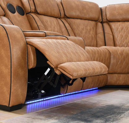 U12 - 3 Piece Power LED Sectional, Power Headrest, Heat, Massage Wireless Charger, And USB - Brown