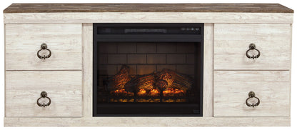 Willowton - 2 Pc. - TV Stand With Faux Firebrick Fireplace Insert - Whitewash