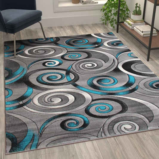 Masie Collection 5' x 7' Turquoise Swirl Olefin Area Rug with Jute Backing