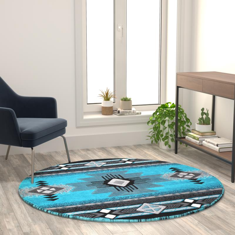 Mohave Collection 5' x 5' Turquoise Traditional Southwestern Style Area Rug