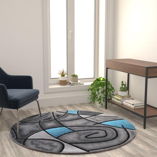 Jubilee Collection 5' x 5' Round Blue Abstract Area Rug