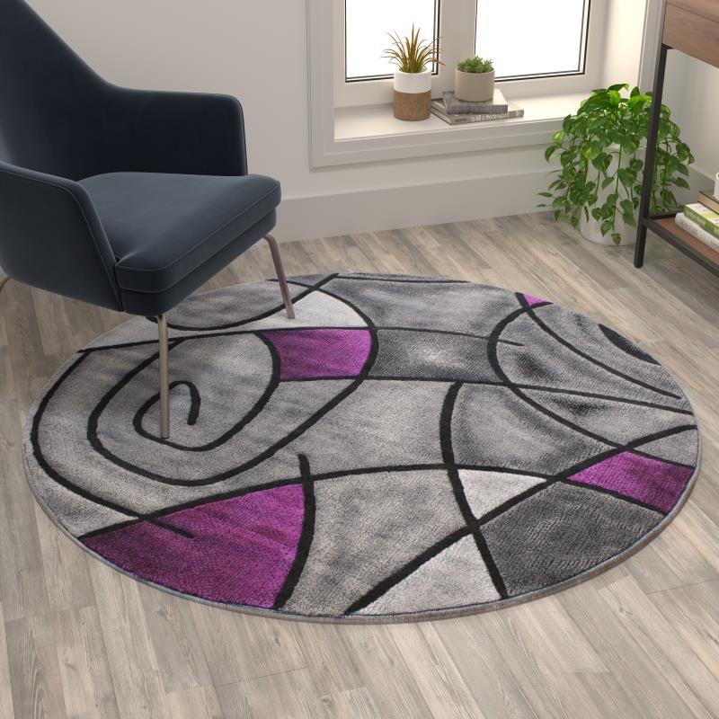 Jubilee Collection 5' x 5' Round Purple Abstract Area Rug