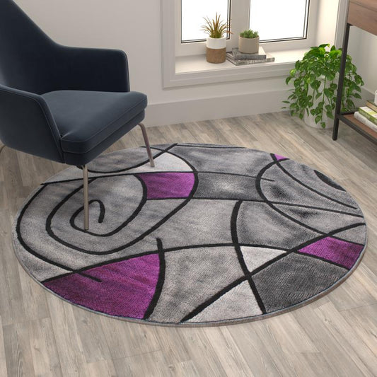 Jubilee Collection 5' x 5' Round Purple Abstract Area Rug