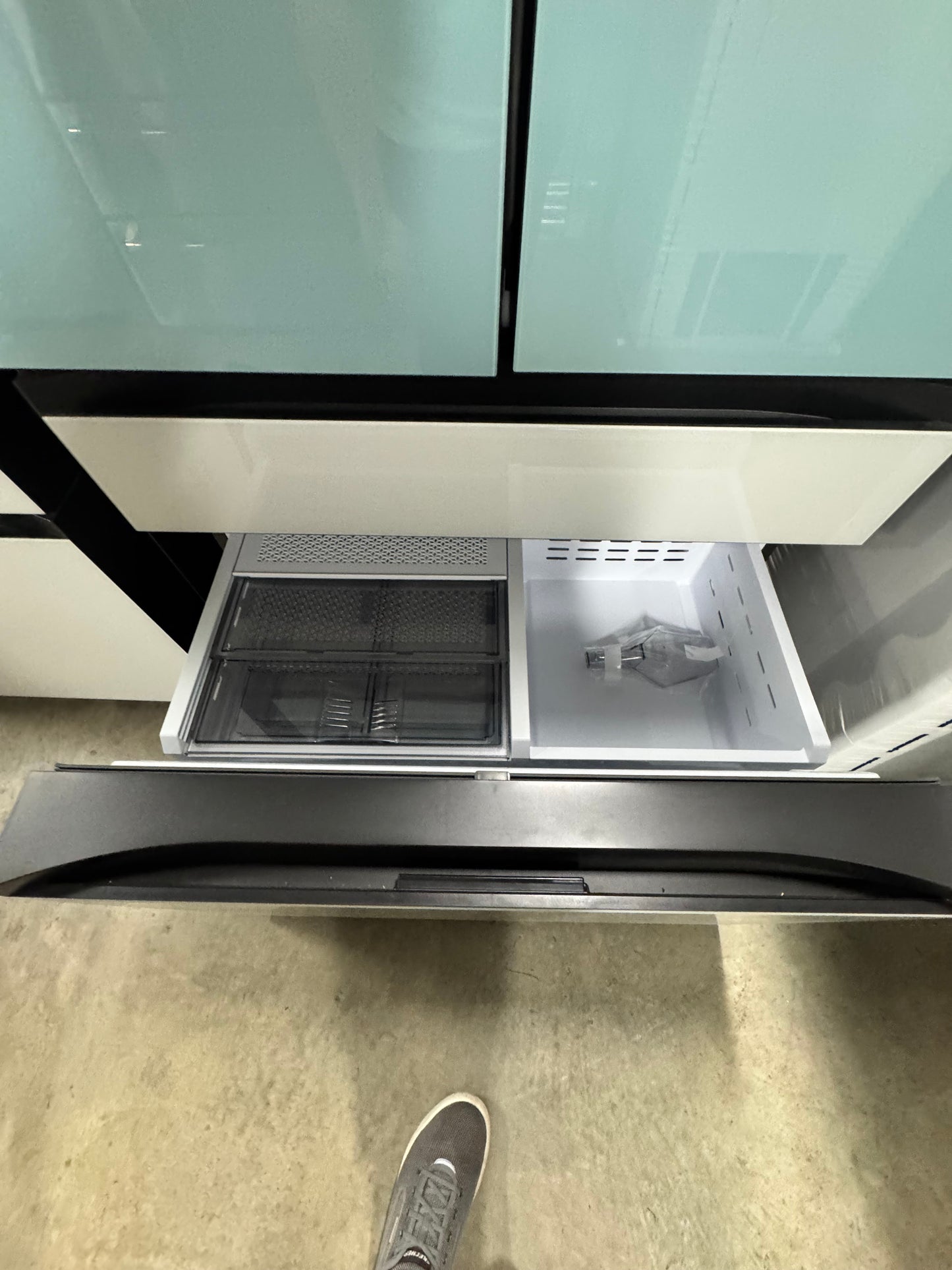 Samsung Bespoke 23 cu. ft. Counter Depth 4-Door French Door Smart Refrigerator in Morning Blue/White Glass with Beverage Center OUTLET