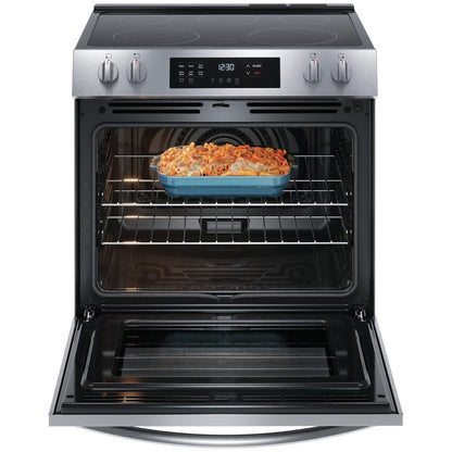 Cocina eléctrica autolimpiante de 30 pulgadas con 5 quemadores, control frontal deslizable y convección en acero inoxidable
