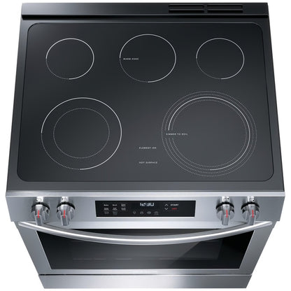 Cocina eléctrica autolimpiante de 30 pulgadas con 5 quemadores, control frontal deslizable y convección en acero inoxidable