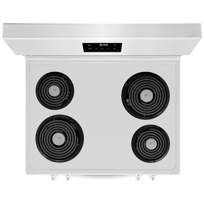 Cocina eléctrica independiente de 30 pulgadas y 4 quemadores en color blanco con tecnología de horneado uniforme