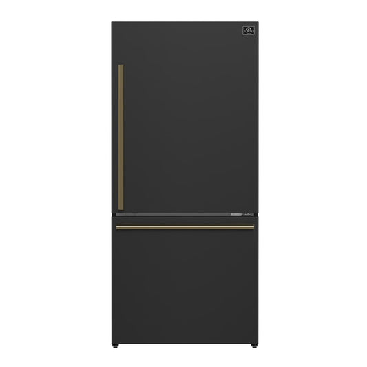 31 in. 17.2 cu. ft. Antique Brass Handles Included, Milano Espresso Bottom Freezer Right Swing Door Refrigerator, Black
