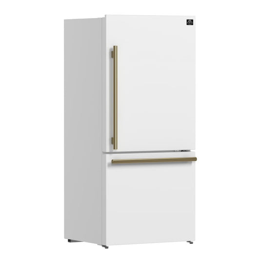 31 in. 17.2 cu. ft. Antique Brass Handles Included Milano Espresso Bottom Freezer Right Swing Door Refrigerator in White