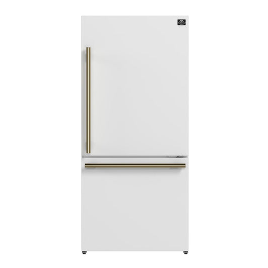 31 in. 17.2 cu. ft. Antique Brass Handles Included Milano Espresso Bottom Freezer Right Swing Door Refrigerator in White