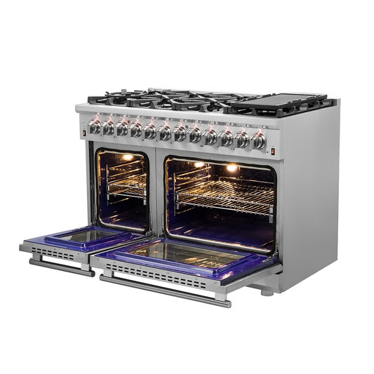 Massimo 48-Inch Freestanding Dual Fuel Range, 8 Burners, Double Convection Ovens
