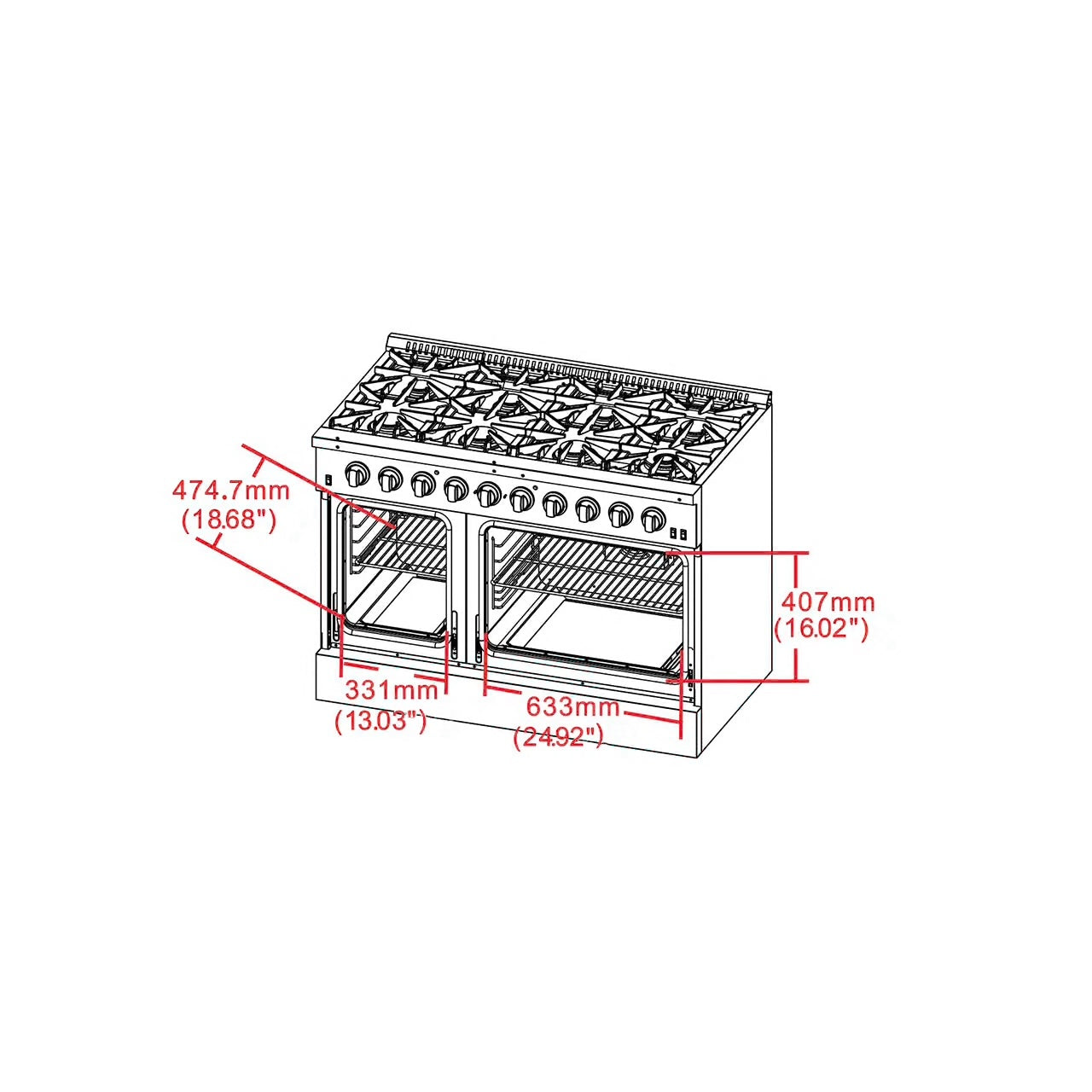 Galiano 48-Inch Freestanding Gas Range, Stainless Steel, 8 Burners, 107,000 BTU, Griddle, Double Ovens, Energy Efficient