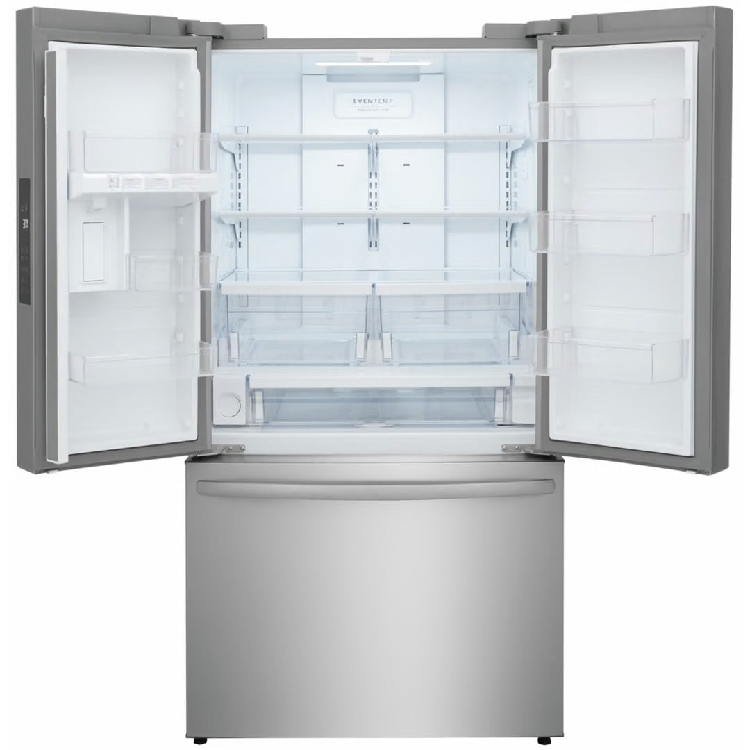 Refrigerador de 29 pies cúbicos con puerta francesa y profundidad estándar en acero inoxidable resistente a las manchas con dispensador de agua interno.
