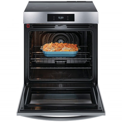 Galería 30 pulgadas 6.2 pies cúbicos. Cocina de inducción deslizable con 5 quemadores, con convección total y freidora de aire, acero inoxidable a prueba de manchas